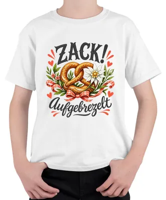 Produktbild von Zack! Aufgebrezelt Wiesn Brezel Lederhose Dirndl Kinder T-Shirt, Weiß, 128