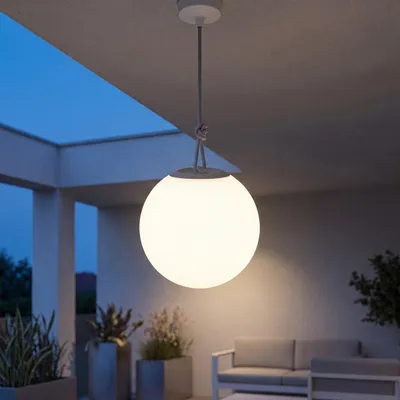 Produktbild von LED Pendellampe außen Akku dimmbar Farbwechsel RGBW IP65 rund D: 24 cm Grau Weiß Kugel Schirm kabellose Außenleuchte Hängelampe Balkon Garten