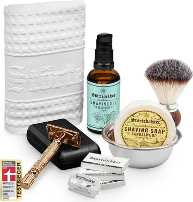 Produktbild von Störtebekker Rasurpflege Set Premium - Mit Rasierhobel (Rosé) & Leder-Etui (Schwarz), Rasierpinsel, Rasierschale, Rasiertuch, Rasieröl & Rasierseife
