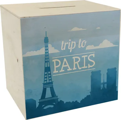 Produktbild von Spardose aus Holz mit schönem Motiv und Text - Trip to Paris in blau