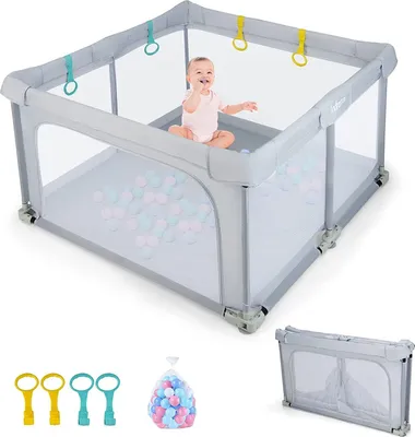 Produktbild von 120 x 120 cm Laufstall Baby Faltbar, Laufgitter mit Tür & 50 Spielbällen & Zugring, Schutzgitter mit Atmungsaktivem Netz & Reißverschluss, Absperrgitter Baby (Grau)