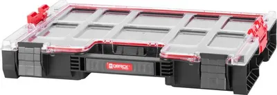 A tool organizer box with multiple compartments and a clear lid.