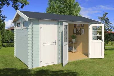 Produktbild von Lasita Maja Gartenhaus William aus Holz Gartenhaus mit 28 mm Wandstärke Gartenhütte Fußboden inklusive Geräteschuppen 9.5 m² Satteldach