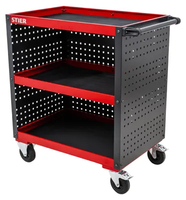 Zdjęcie produktu dla Wózek serwisowy STIER, wózek warsztatowy, z panelami perforowanymi, wys. x szer. x gł. 960 x 810 x 543 mm, z kółkami, trzy półki