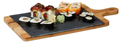 Image de TRANKIELO® - Planche de service en bambou avec plateau en ardoise – Planche à découper pour fromage, tapas et sushis - 22,5 x 45 cm