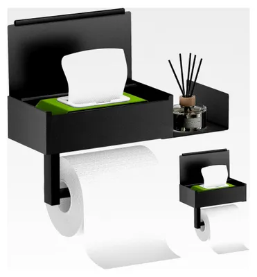 Produktbild von Toilettenpapierhalter ohne Bohren mit Feuchttücherbox und Ablage, Edelstahl, matt schwarz