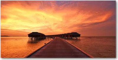 Produktbild von Tulup® Glas-Bild - 100x50 -Wandkunst - Wandbild hinter gehärtetem Sicherheitsglas  - Landschaften - Malediven Bungalows - Orange