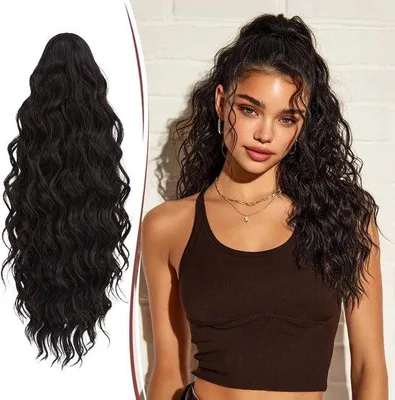Image de Extension de cheveux à clip en queue de cheval - Coiffure bouclée et ondulée - 50 cm - Brun foncé