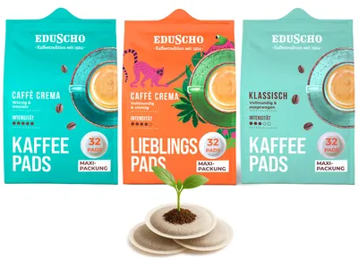 Produktbild von Eduscho Kaffeepadmix Probierset Vielfaltspaket, Lieblingspads Caffè Crema, Caffè Crema & Klassisch, 96 Stück – 3x 32 Pads, nachhaltig, geeignet für Senseo Maschinen