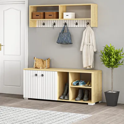 A hallway furniture set with a bench, shelf, and coat hooks.