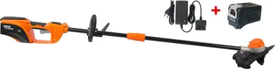 A cordless grass trimmer and its accessories are displayed against a white background.