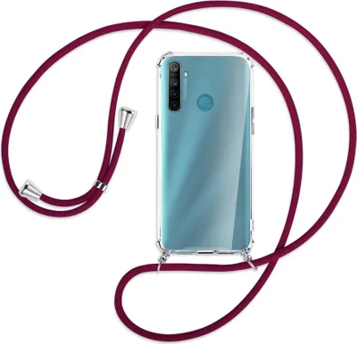 Produktbild von Handykette Backcover-Schutzhülle mit Band (Metall silberfarben) für Realme 5 / 5i - dunkelrot