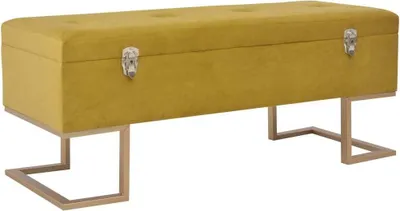 A mustard yellow storage bench with a tufted top and metal clasps, shown on a white background.