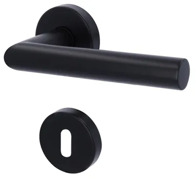 A black door handle set with a keyhole escutcheon on a white background.