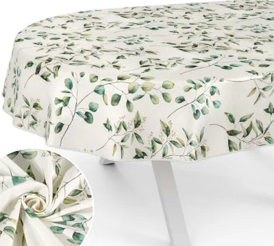 Produktbild von Tischdecke Botanik aus Textil mit Blumen Pflanzen wasserabweisend Tischtuch Tischwäsche Aquarell Beige Oval Breite 140cm Länge 280cm mit Paspelband