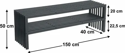 A black metal firewood rack with a built-in bench, shown with dimensions indicated.