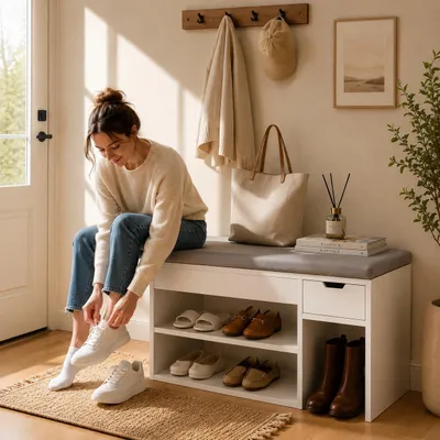 Produktbild von Schuhbank mit Sitzkissen, offenen Fächern, Schublade und Stiefelfach, gepolsterte Sitzbank für Flur, Weiß/Grau, KI-generiertes Bild