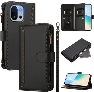 Obrázek produktu pro Pouzdro pro OnePlus 13T, zipem, peněženkovéPolyuretankožené flip pouzdro s kapsami na karty, stojánkem a poutkem na ruku černý