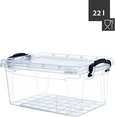 A clear, studio shot of a transparent storage box with black handles.