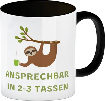 Produktbild von Faultier mit Kaffee Kaffeebecher in schwarz mit Spruch Ansprechbar in 2-3 Tassen