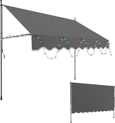 Produktbild von Clanmacy Klemmmarkise mit LED 300x120cm Markise Höhenverstellbare Balkonmarkise mit Handkurbel Sonnenschutz ohne Bohren für Terrasse und Balkon Grau