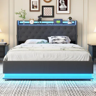 Immagine prodotto di okwish Letto imbottito, Letto per bambini, 140x200 cm Letto matrimoniale con illuminazione a LED e porta di ricarica USB e contenitore idraulico, Tessuto di lino, con materasso, Grigio