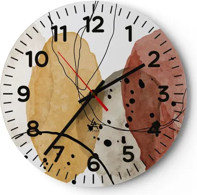 Produktbild von Wanduhr - Rund - Glasuhr - Aquarell Abstraktion Formen - 40x40cm - Schleichendes Uhrwerk - Lautlos - zum Aufhängen bereit - Dekoration Modern - Wanddekoration aus Glas - C4AR40x40-4658