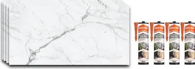 Produktbild von IZODEKOR – SPC Wandpaneel Marmoroptik Weiß 60x120cm – 4 Stück + 4 Kleber – Carrara Marmor