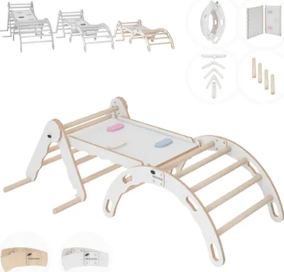 Produktbild von Set Klettergerüst indoor, Kletterdreieck mit rutsche aus holz, Kletterbogen, Baby kinder klettern, Regenbogenwippe mit Rutschbrett, Holzbogen