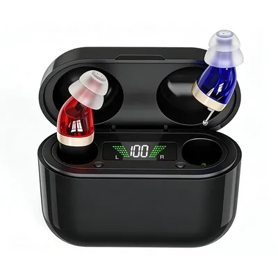 Produktbild von Zimilo Kabelloses Hörgerät mit Ladebox Digitale Anzeige Automatische Geräuschunterdrückung, Rot-Blau Doppelset, Schwarzes Ladeetui