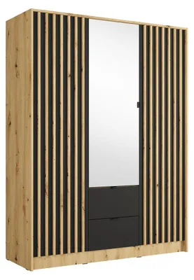 Productafbeelding van Kledingkast TORVIK 3 deuren met spiegel, laden en latjes zwart en eik 150 cm
