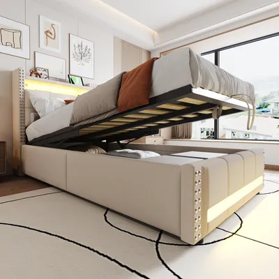 Produktbild von STILVORA Polsterbett 90X200 mit matratze,Boxspringbett mit Bettkasten,LED-Beleuchtung und USB-Steckdose,Leinenstoff,Beige