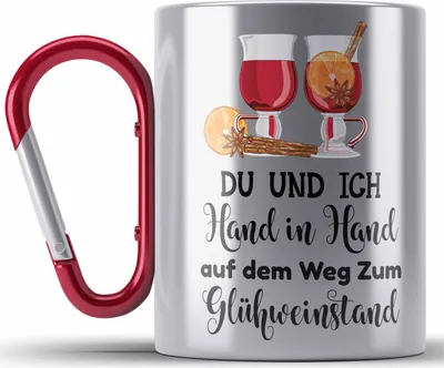 Produktbild von Trendation - Glühwein Edelstahl Tasse Karabiner Lustig Spruch Glühweinbecher mit Henkel Doppelwandig GlühweinEdelstahl Tasse Karabinern Gläser Weihnachtsmarkt Becher Edelstahl Tasse Karabinern Geschenk - Hand In Hand Zum Glühweinstand (Rot)