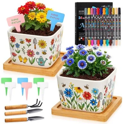 Image de Kit créatif en céramique - Kit de décoration artisanale - Avec 2 pots de fleurs et 12 peintures acryliques