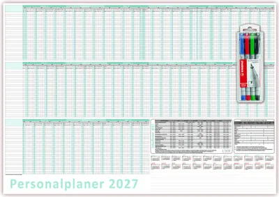 Produktbild von Urlaubsplaner/Personalplaner 2027 DIN B2 nass abwischbar inkl. Stifteset Format (500 x 700 mm) für bis zu 22 Mitarbeiter Januar Kalenderjahr bis März Folgejahr mit Schulferien (gerollt!)