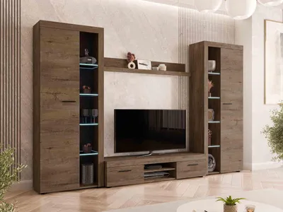 Produktbild von MIRJAN24 Wohnwand Farso XL, Modernes Wohnzimmer-Set, Schrankwand, Stilvoll Mediawand, TV-Möbel (mit weißer Beleuchtung, Lefkas Eiche)