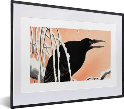 Produktbild von MuchoWow® Gerahmtes Poster Vintage - Krähe - Vögel - Skandinavisch - Japanisch 40x30 cm - Poster mit Schwarzem Bilderrahmen Wandposter Rahmen Foto Bilder - Bilderrahmen - Poster im Rahmen