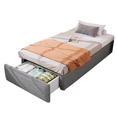 Produktbild von Futonbett mit Bettkasten, Lattenrost und Schublade, 90x200 cm, Bezug, Leinen