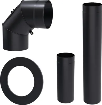 A set of black steel chimney components, including an elbow, a short pipe, a long pipe, and a ring, arranged on a white background.
