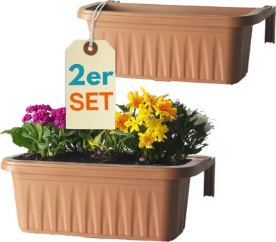 Produktbild von 2er Set Blumenkasten Balkongeländer Balkon Blumenkasten Balkonkasten mit Halterung Balkonkasten Geländerkasten Balkonkasten mit Wasserspeicher 60 cm Terrakotta