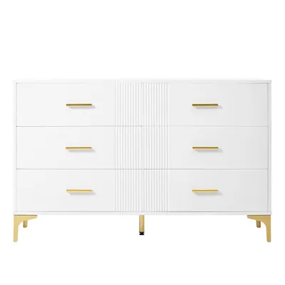 Produktbild von Mearx Sideboard mit 6 Schubladen, Kommode mit Wellenfront und Metallfüßen, Buffet, kommode mit schubladen, H76/B120/T40 cm, Weiß