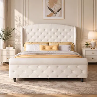 Image de INONEFT, lit rembourré 140x200 cm, lit plateforme pour adolescents, structure de lit avec tête de lit et sommier à lattes, lit pour enfants, sans matelas, en velours, couleur beige, Image générée par une IA