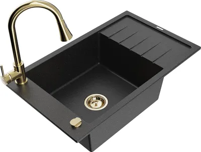 Produktbild von Mexen Elias 1 Becken-Granitspüle mit Abtropffläche und Mischbatterie Elia, Schwarz/Silbermetallic - 6511-73-670101-50