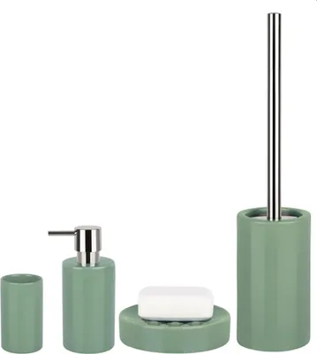 Produktbild von Spirella Badezimmer Set, 4-teiliges Badzubehör aus Porzellan Tube Seifenspender, Seifenschale, WC Bürste und Zahnputzbecher Grün
