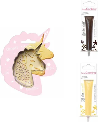 Produktbild von Einhorn-Relief-Keks-Set + 2 braune und gelbe pastellfarbene Schokoladenstifte