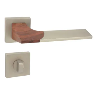 Produktbild von DOMINO Türgriff Drückergarnitur WC - Badezimmer Set | quadratische Rosette | für Badezimmertüren | Set WC - Rosetten-Garnitur | Türbeschläge aus Znal | Satin Nickel/Wood |LIKE QR M91/WOOD