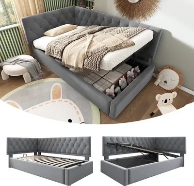 Produktbild von STILVORA Schlafsofa 90x200cm Tagesbett mit hydraulischem Stauraum,Jugendbett Daybett mit Lattenrost aus Holz,mit Matratze,Grau