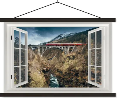 Produktbild von MuchoWow® Textilposter Aussicht - Berge - Brücke 120x80 cm mit schwarzem Rahmen - Wanddeko