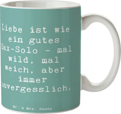 Produktbild von Mr. & Mrs. Panda Henkelpott Spruch Saxophon Liebe - Meeresbrise - Geschenk, Melodien, Kaffeetasse, Kaffeebecher, Instrument, Musik, Musikrichtung, Musiker, Keramiktasse