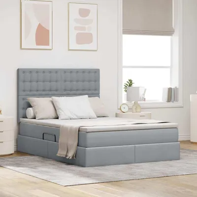 Image de Lit coffre exclusif avec matelas, couleur gris clair, dimensions 140 x 190 cm, revêtement en tissu